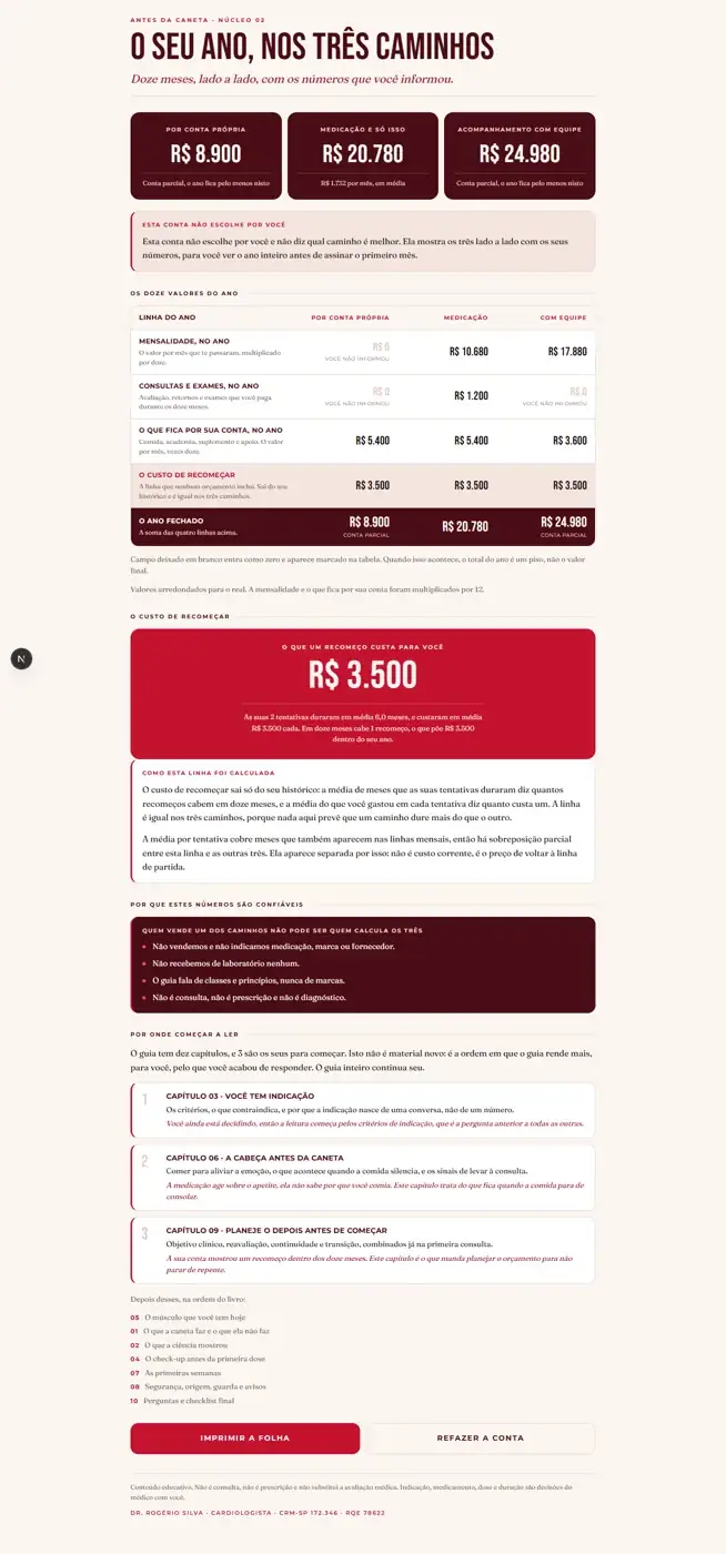 Tela da calculadora A Conta Real, com os três caminhos lado a lado